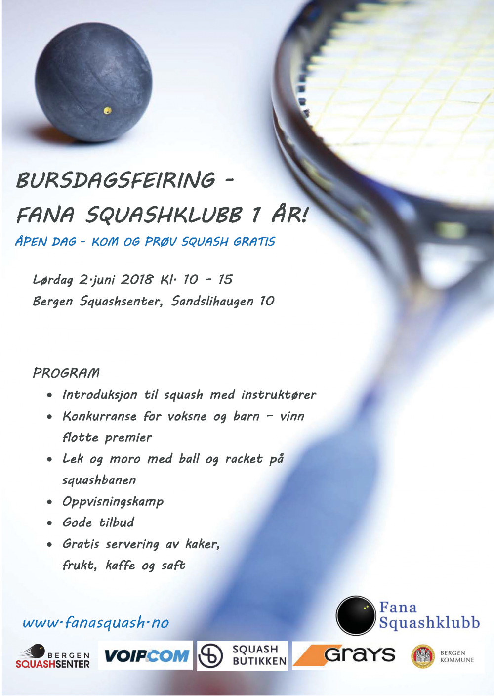 Fana Squashklubb feirer 1 år og har åpen dag – 2. juni 2018